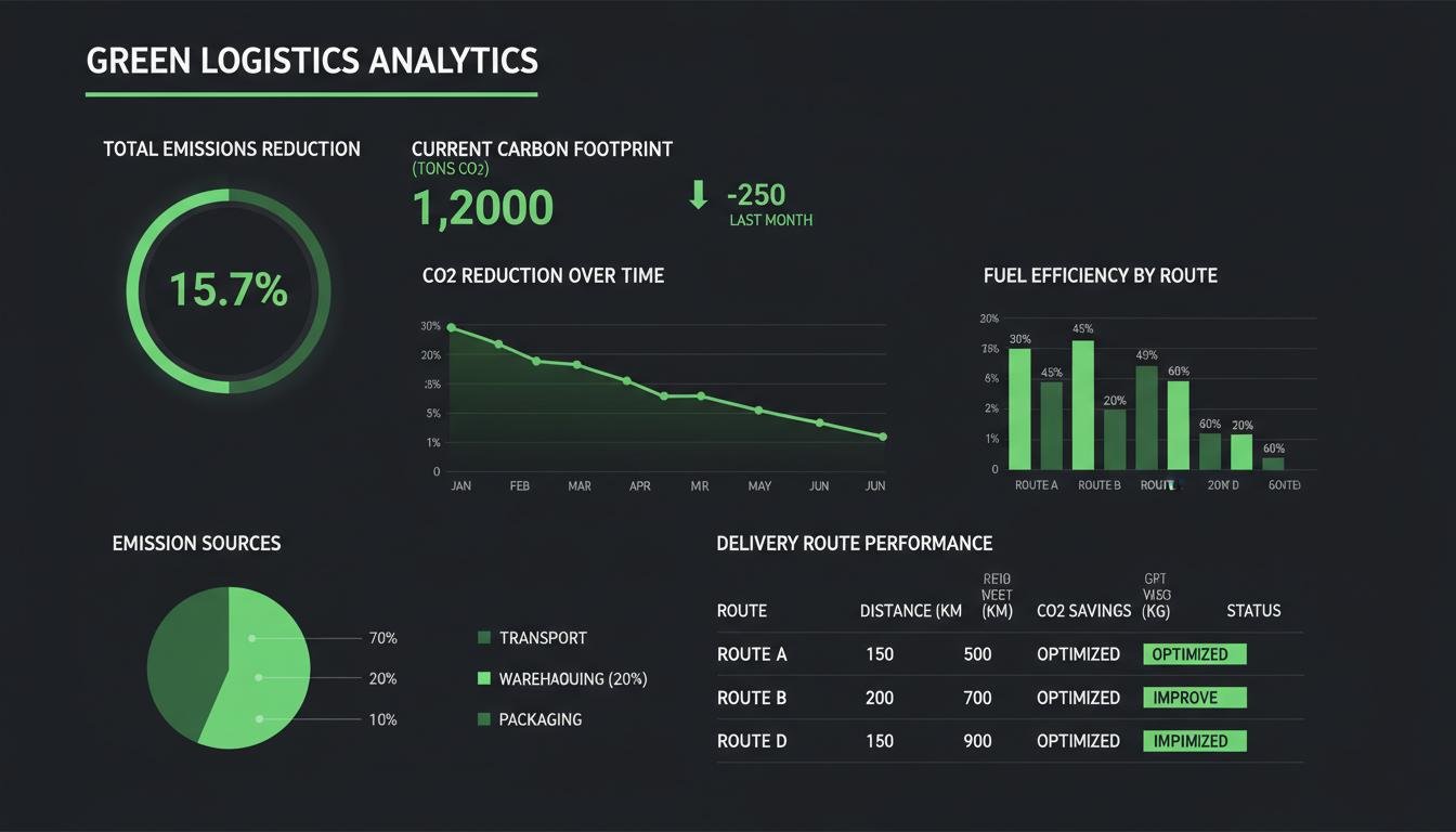 Green logistics analytics dashboard showing emissions reduction